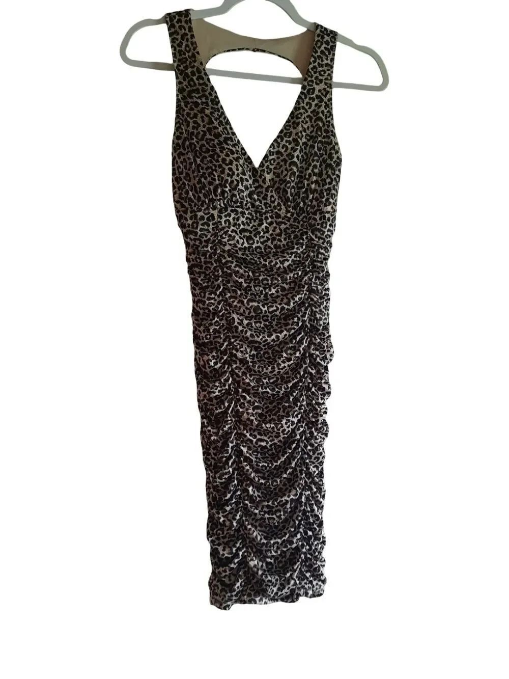 Ruby Rox Leopard Ruched V‑Neck Midi Dress - Black & Cream